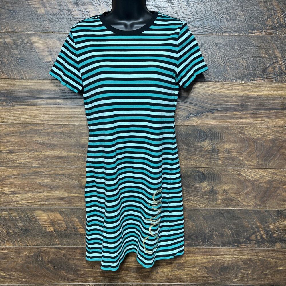 Calvin Klein T- Shirt Dress Short Sleeve Teal Spell Out‎ Striped Women's Medium